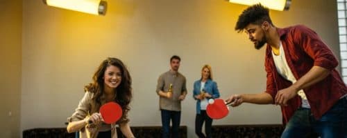 Four people having fun playing table tennis